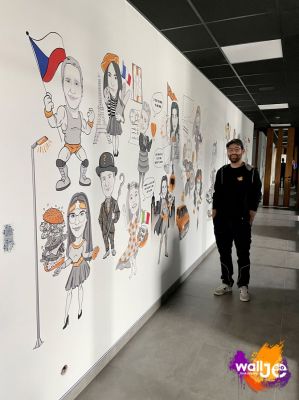 mural dla pracowników firmy, wykonany drukiem ściennym w firmie na śląsku, kolorowe postacie jako karykatury wykonane drukiem ściennym
