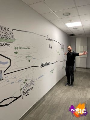 Druk ścienny z mapą i ilustracjami miast wokół Będzina w gabinecie dentystycznym na Śląsku