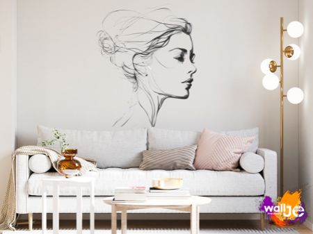 Mural w salonie, twarz kobiety na ścianie. Druk ścienny muralu w salonie.